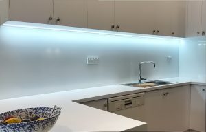 LED Strip Lighting on White kitchen glass Splashbacks